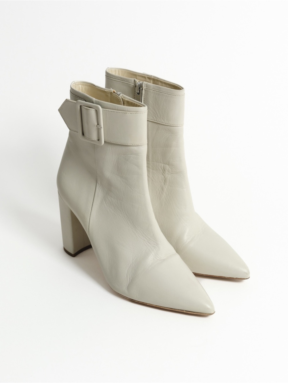 The Kooples Cream Pointed Toe Leather Ankle Boots with Buckle Strap